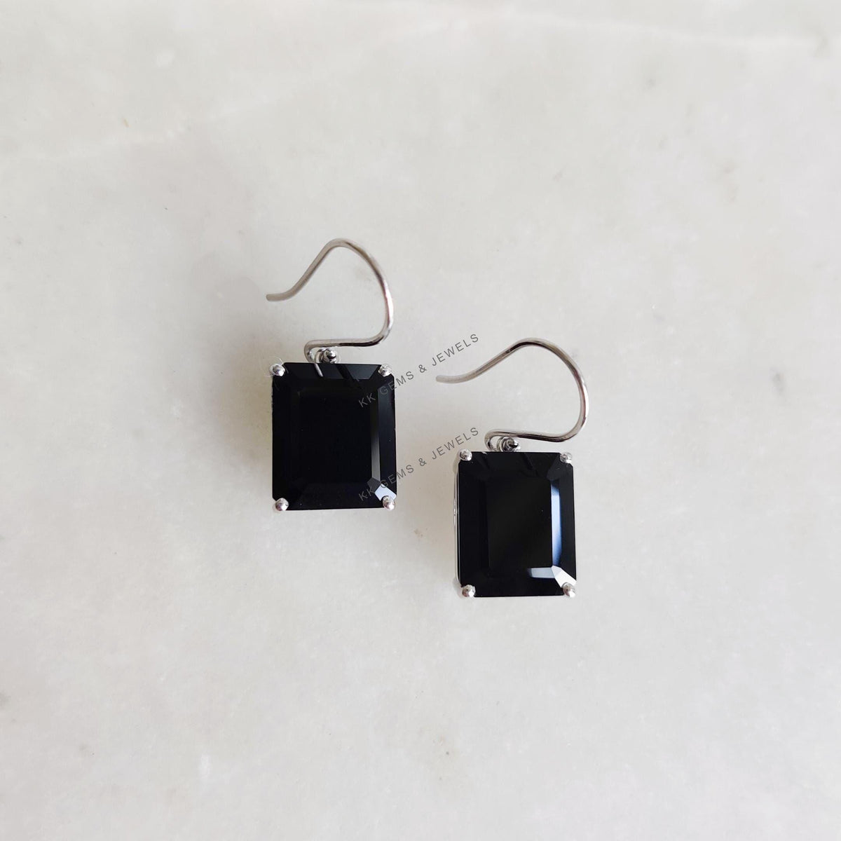 14K Solid White Gold Natural Black Onyx Octagon Earrings, December Birthstone