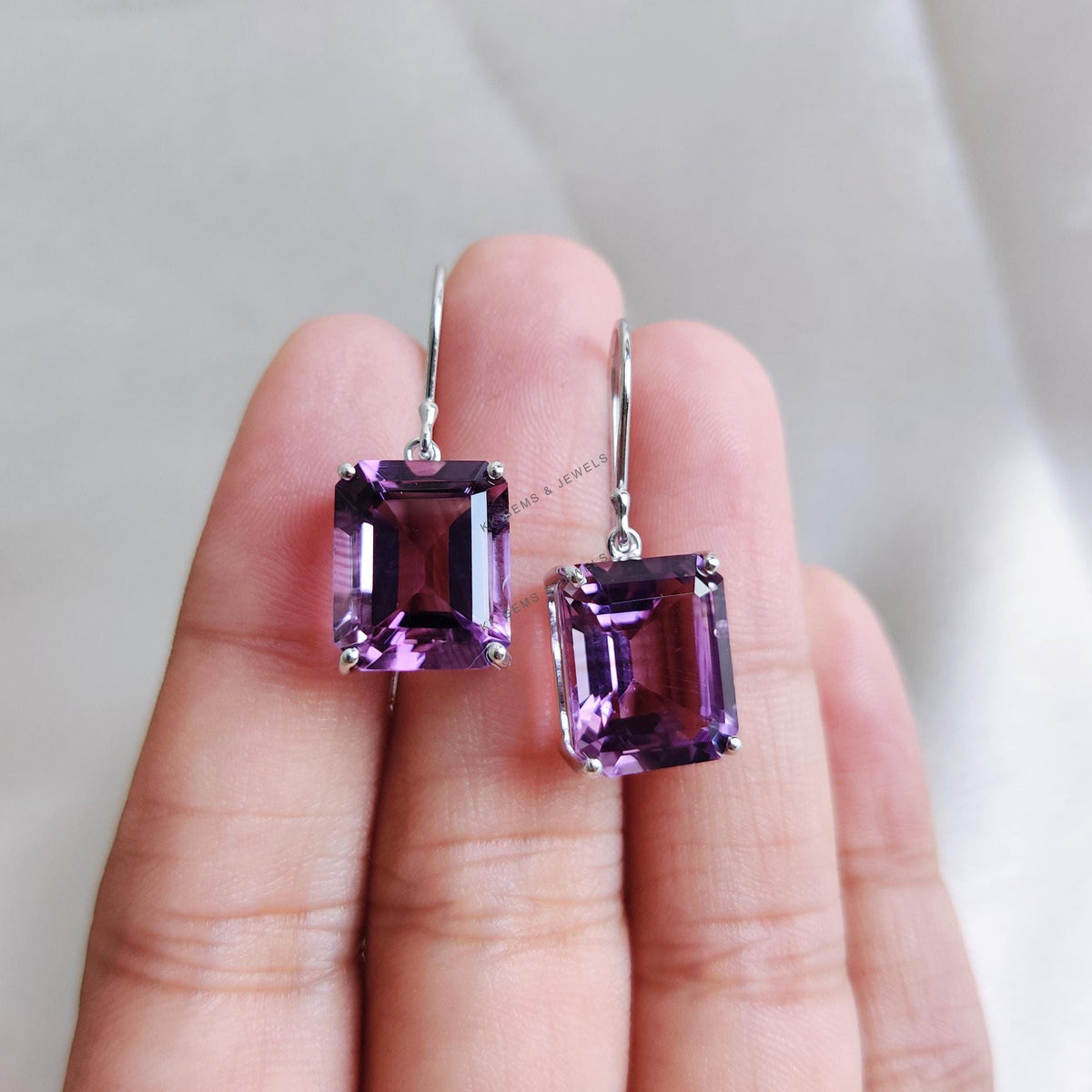 Natural Purple Amethyst 14K Solid White Gold Octagon Earring, February Birthstone