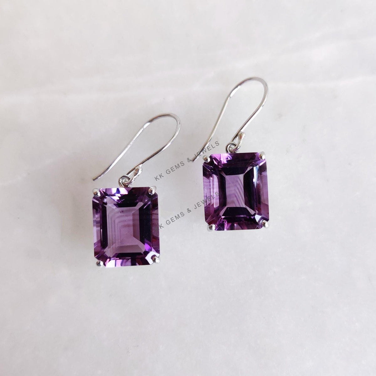 Natural Purple Amethyst 14K Solid White Gold Octagon Earring, February Birthstone