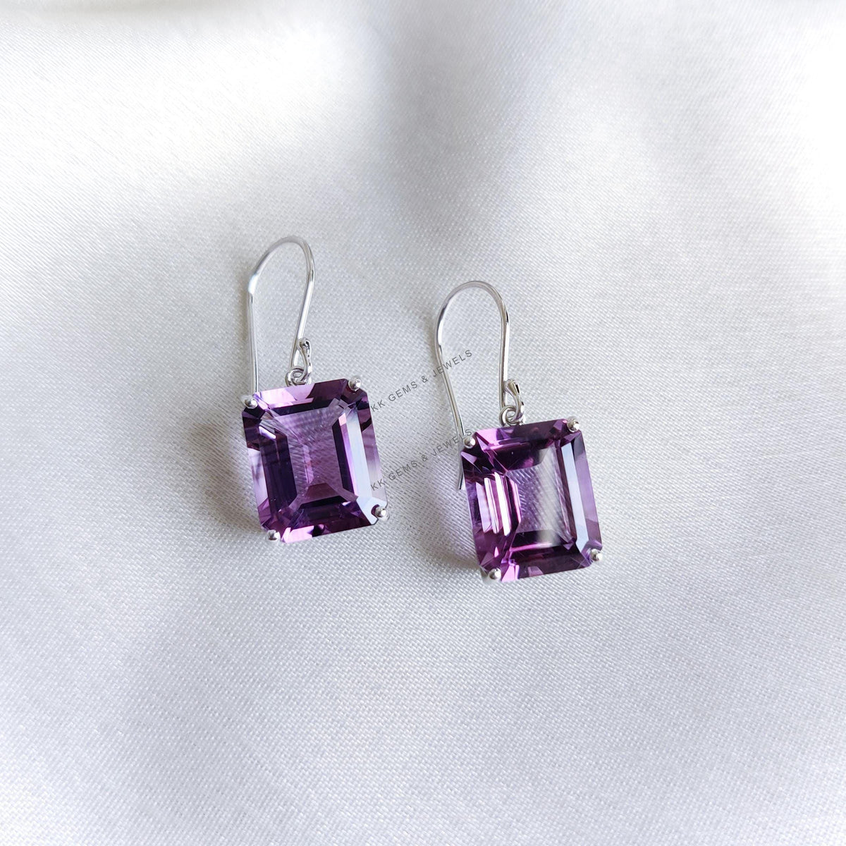 Natural Purple Amethyst 14K Solid White Gold Octagon Earring, February Birthstone