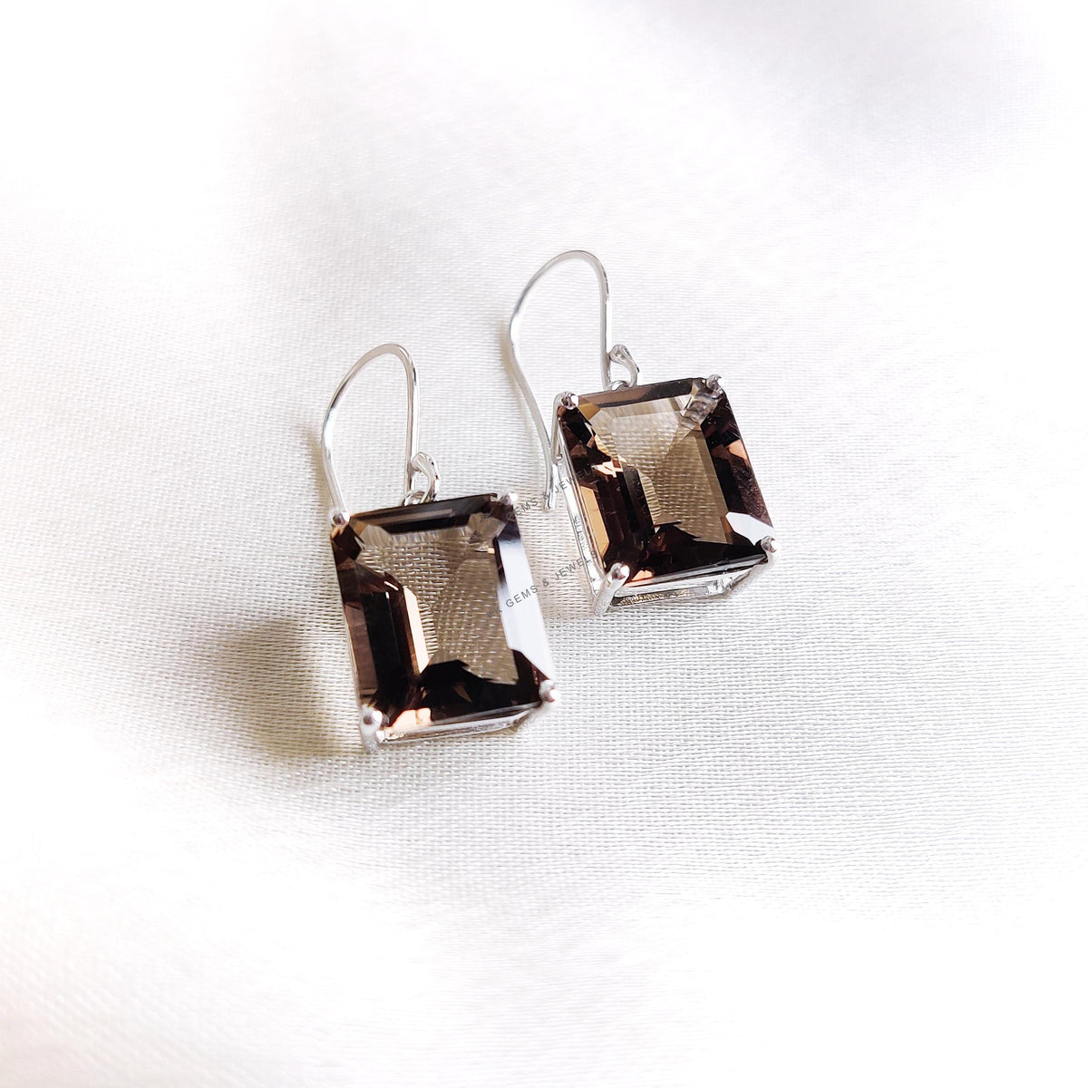 Natural Smoky Quartz Earrings, 14K Solid White Gold Octagon Prong Setting