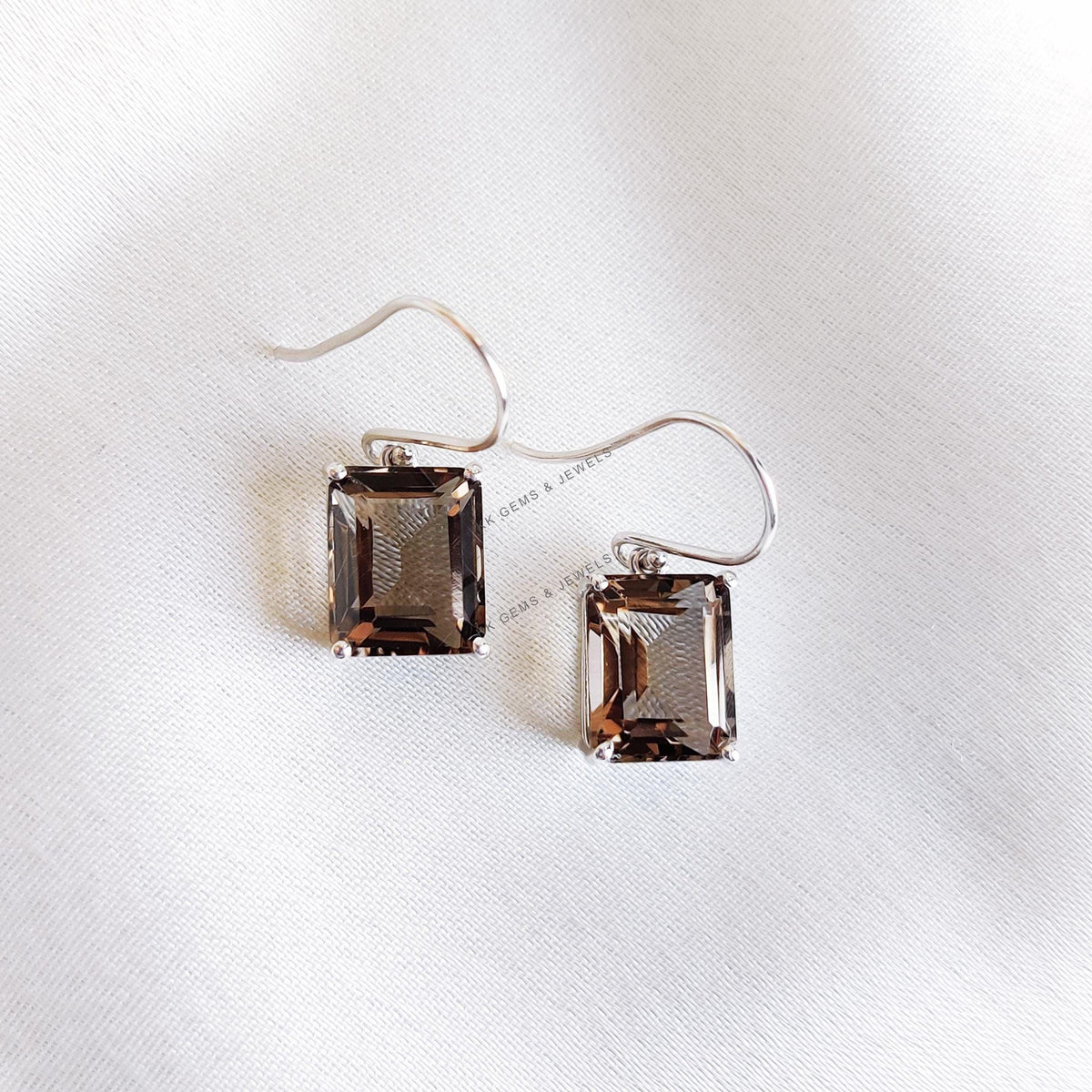 14K Solid White Gold Natural Smoky Quartz Octagon Earrings, Prong Setting Earring