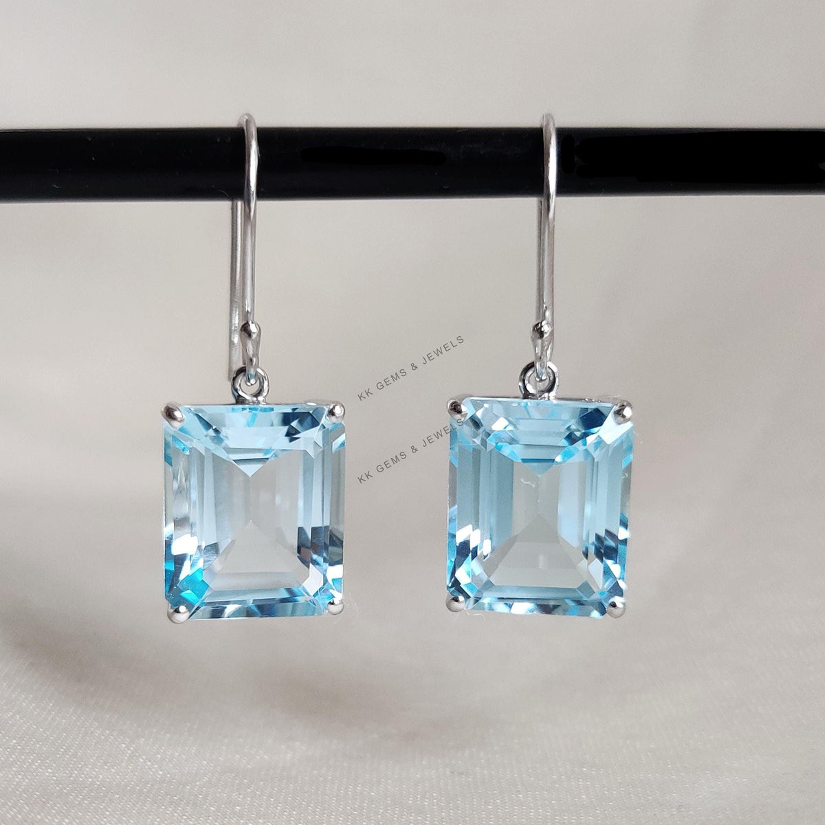 Natural Sky Blue Topaz Octagon Earrings, 14K Solid White Gold, December Birthstone