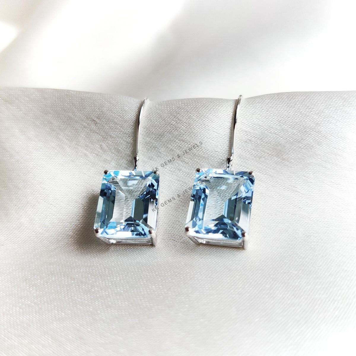 Natural Sky Blue Topaz Octagon Earrings, 14K Solid White Gold, December Birthstone
