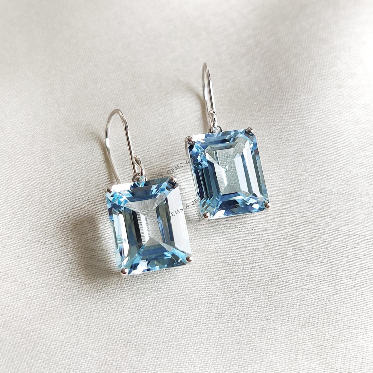 Natural Sky Blue Topaz Octagon Earrings, 14K Solid White Gold, December Birthstone
