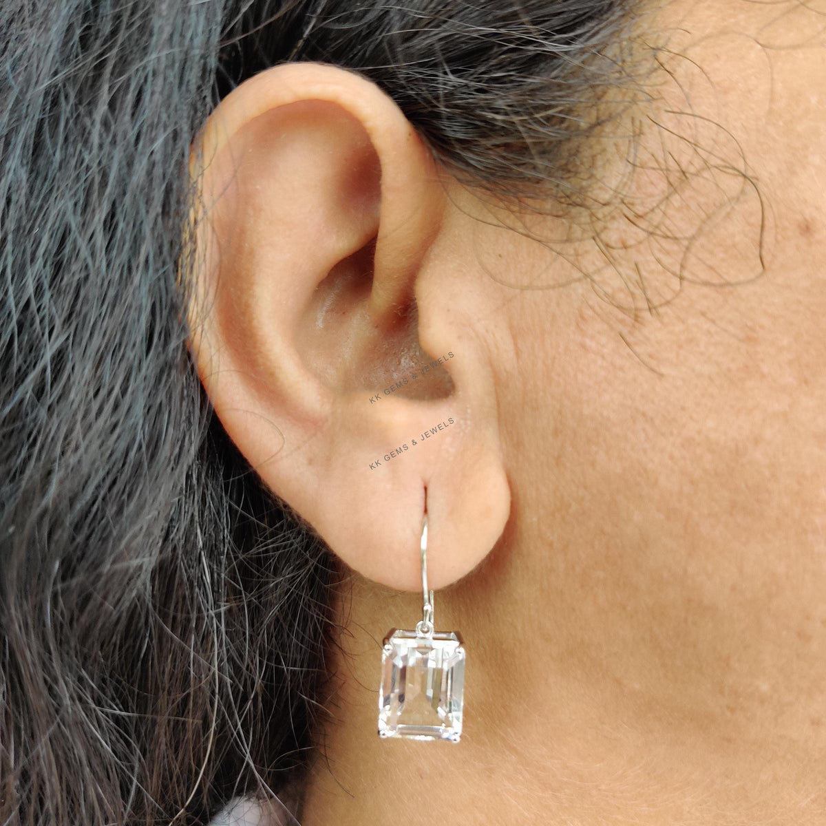 14K Solid White Gold Natural White Topaz Octagon Earrings, November Birthstone