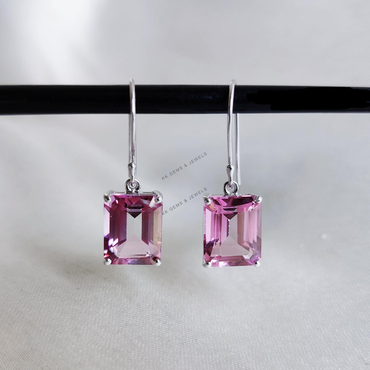 Natural Pink Topaz Octagon Earrings, 14K Solid White Gold Prong Set, December Birthstone