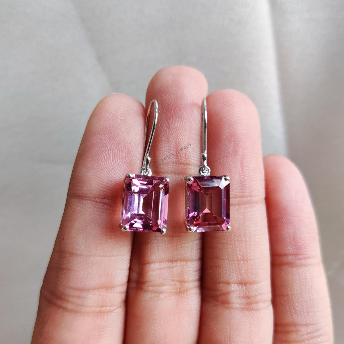 Natural Pink Topaz Octagon Earrings, 14K Solid White Gold Prong Set, December Birthstone