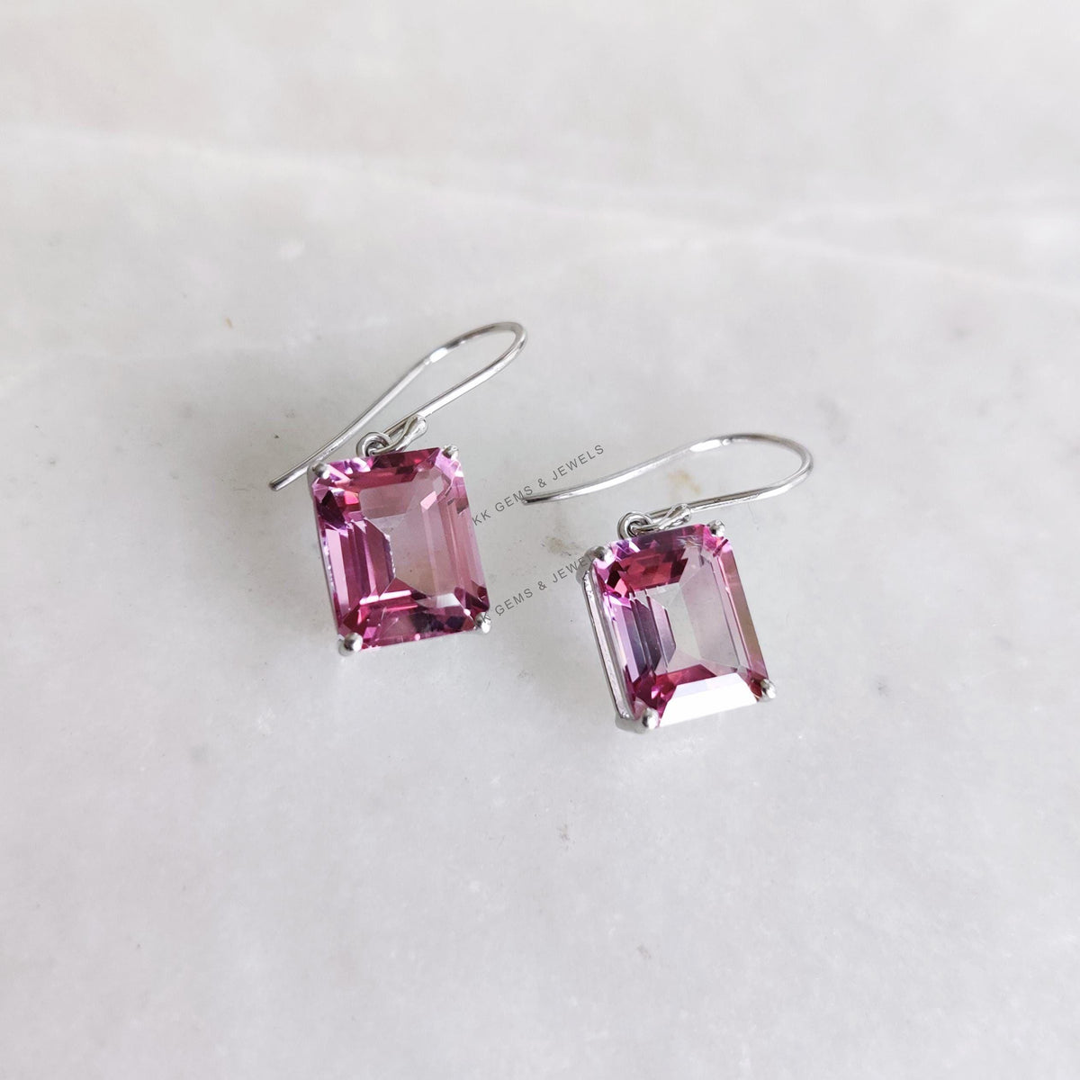 Natural Pink Topaz Octagon Earrings, 14K Solid White Gold Prong Set, December Birthstone
