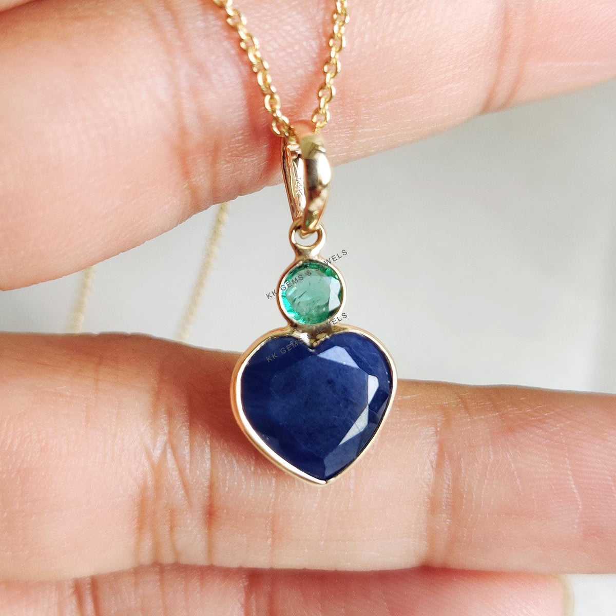 Natural Blue Sapphire & Emerald Heart Pendant, 14K Solid Yellow Gold Valentine Jewelry