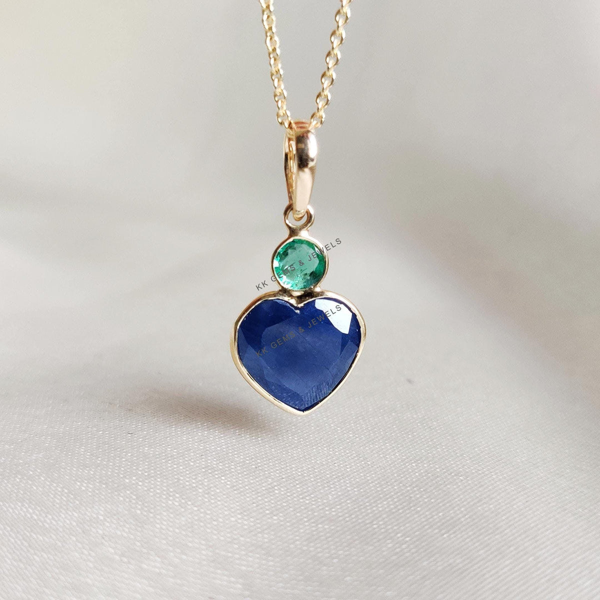 Natural Blue Sapphire & Emerald Heart Pendant, 14K Solid Yellow Gold Valentine Jewelry