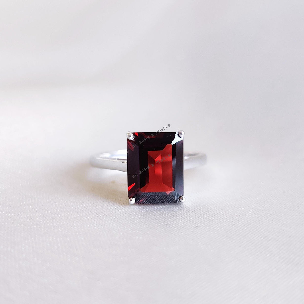 Natural Garnet Octagon 14K Solid White Gold Ring, January Birthstone