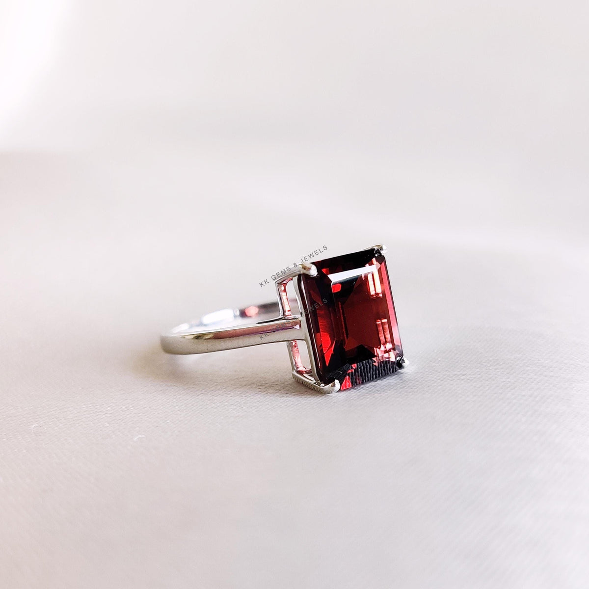 Natural Garnet Octagon 14K Solid White Gold Ring, January Birthstone