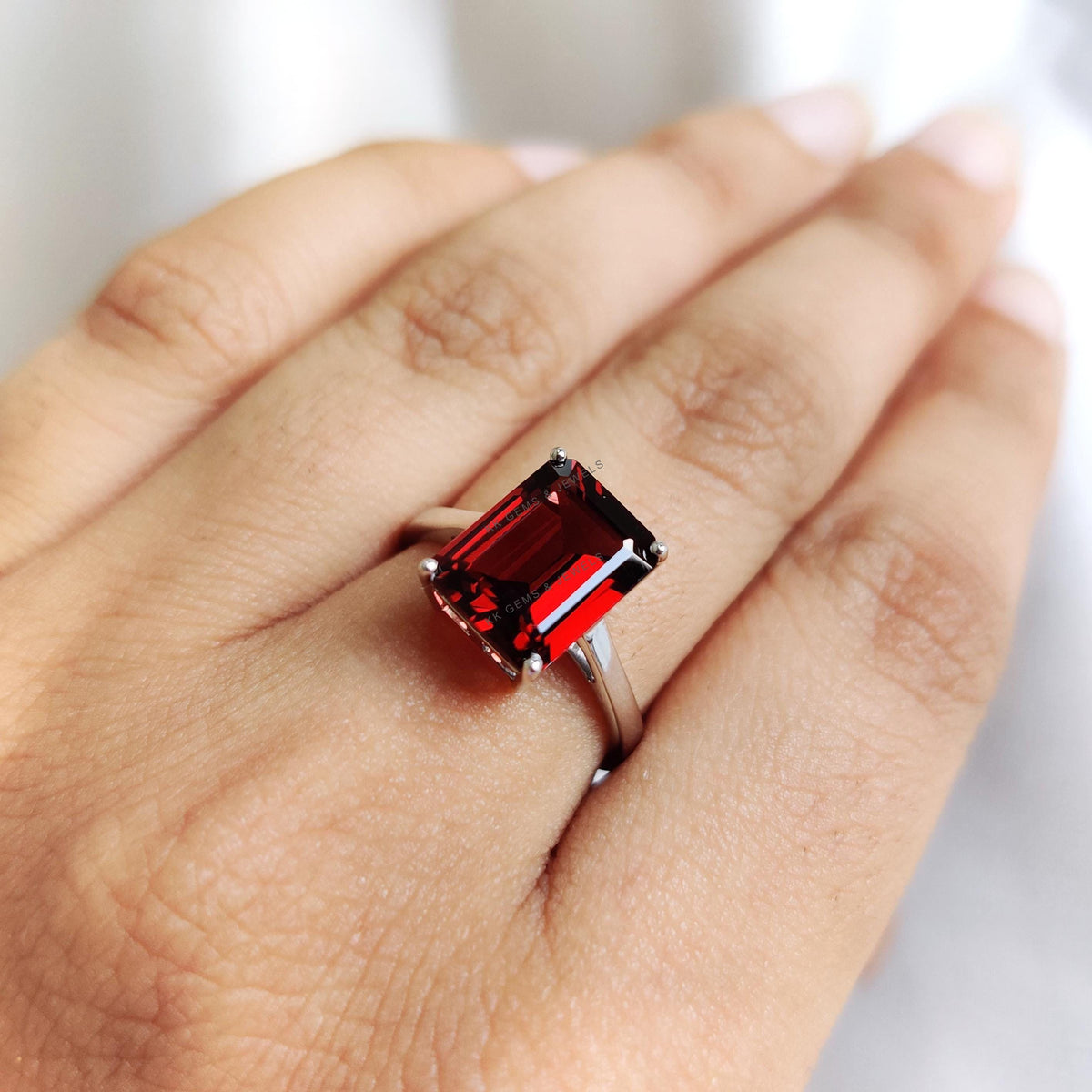 Natural Garnet Octagon 14K Solid White Gold Ring, January Birthstone