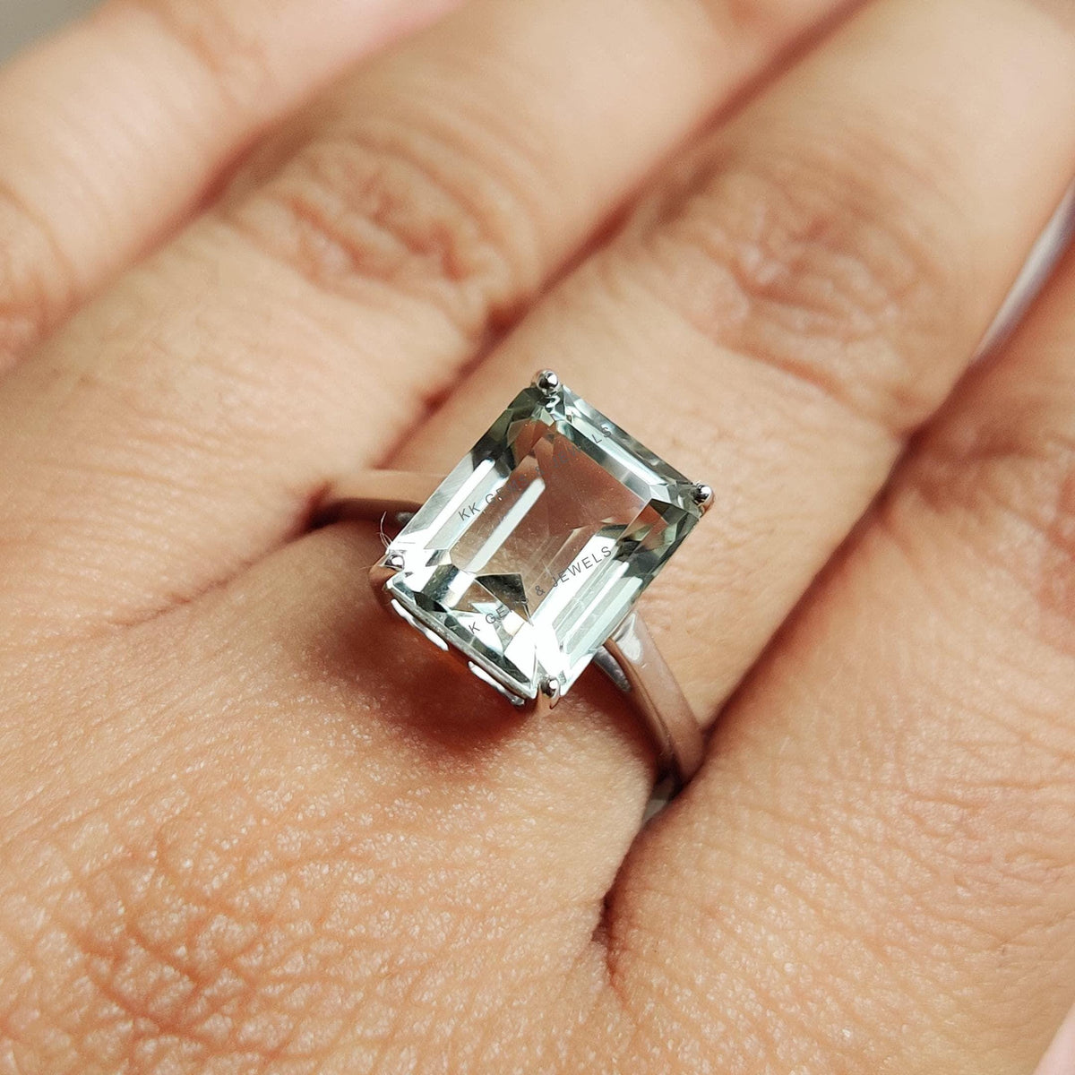 Natural Green Amethyst Octagon Ring, 14K Solid White Gold, February Birthstone