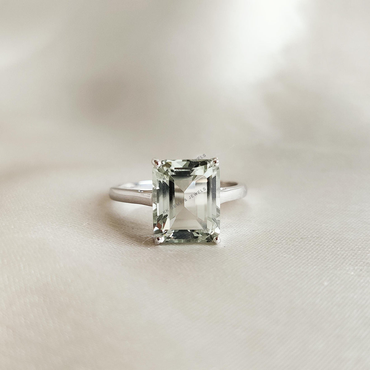 Natural Green Amethyst Octagon Ring, 14K Solid White Gold, February Birthstone