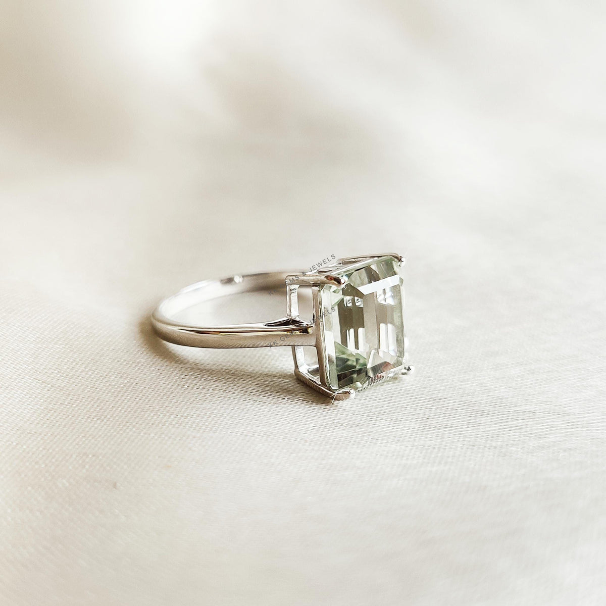 Natural Green Amethyst Octagon Ring, 14K Solid White Gold, February Birthstone