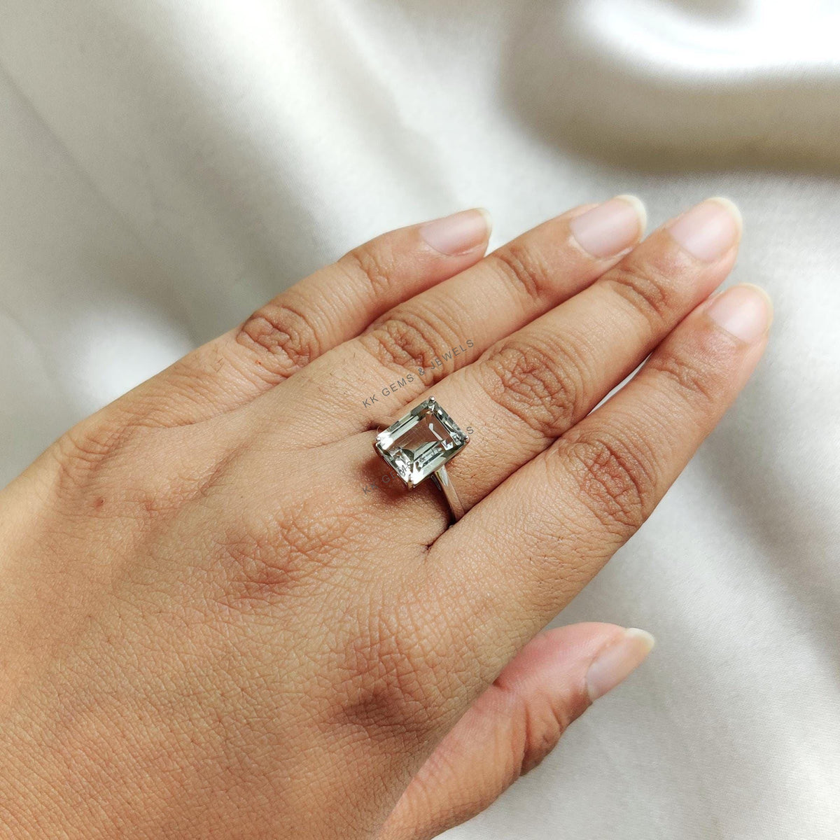 Natural Green Amethyst Octagon Ring, 14K Solid White Gold, February Birthstone