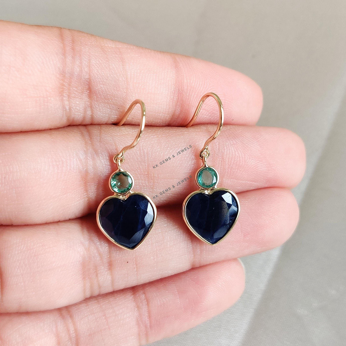 14K Solid Yellow Gold Natural Blue Sapphire & Emerald Heart Earrings, Valentine Jewelry