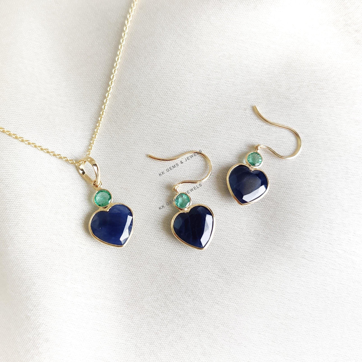 14K Solid Yellow Gold Natural Blue Sapphire & Emerald Heart Earrings, Valentine Jewelry