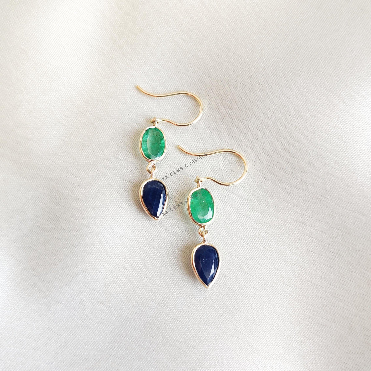 Natural Blue Sapphire & Emerald Earrings, 14K Solid Gold Earrings, Christmas Present