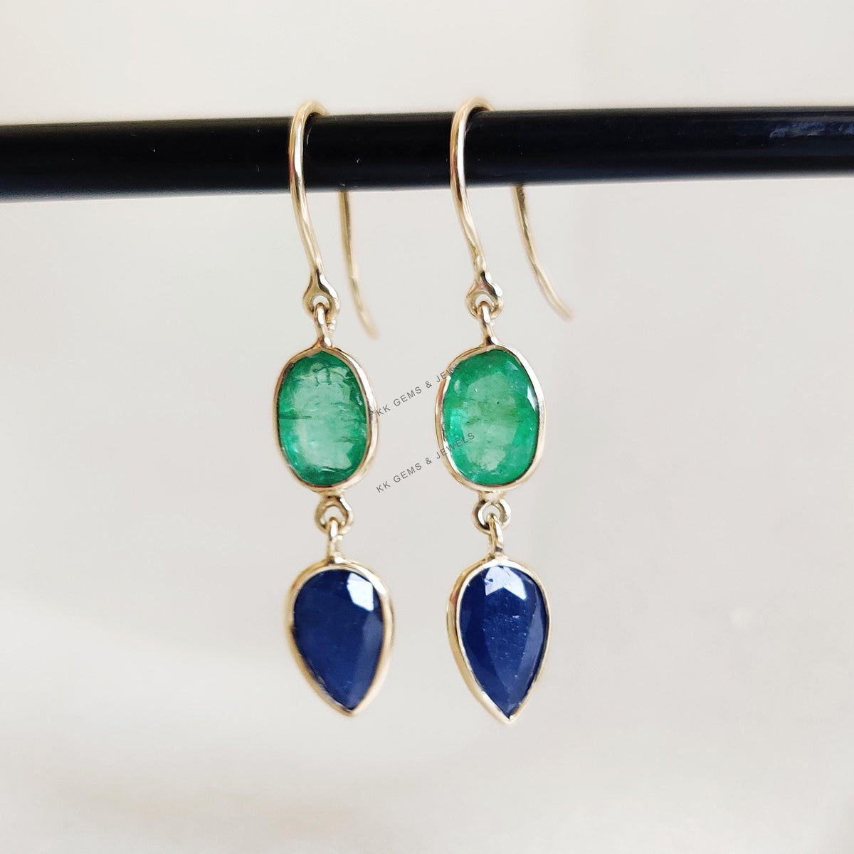 Natural Blue Sapphire & Emerald Earrings, 14K Solid Gold Earrings, Christmas Present
