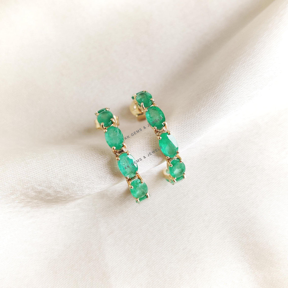 Natural Emerald 14K Solid Yellow Gold Prong Earrings, May Birthstone Hoops
