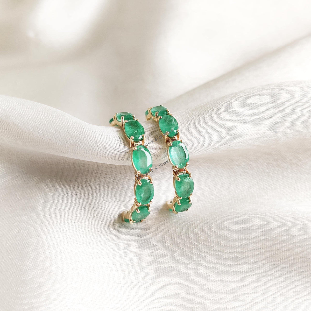 Natural Emerald 14K Solid Yellow Gold Prong Earrings, May Birthstone Hoops