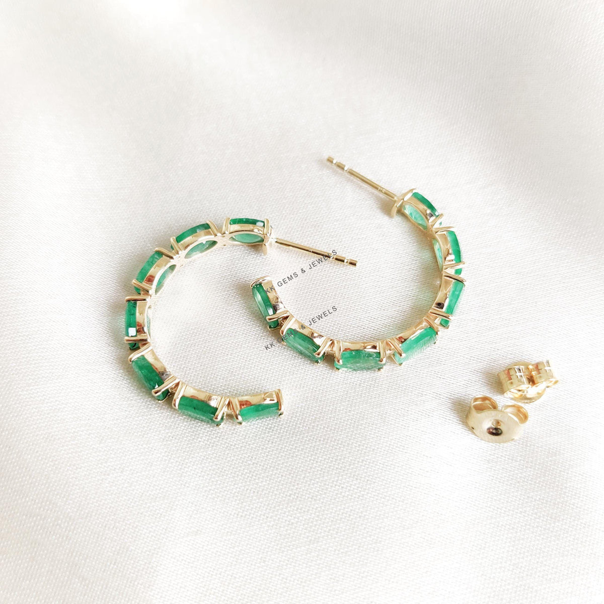 Natural Emerald 14K Solid Yellow Gold Prong Earrings, May Birthstone Hoops