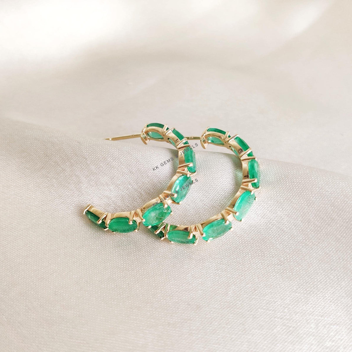 Natural Emerald 14K Solid Yellow Gold Prong Earrings, May Birthstone Hoops