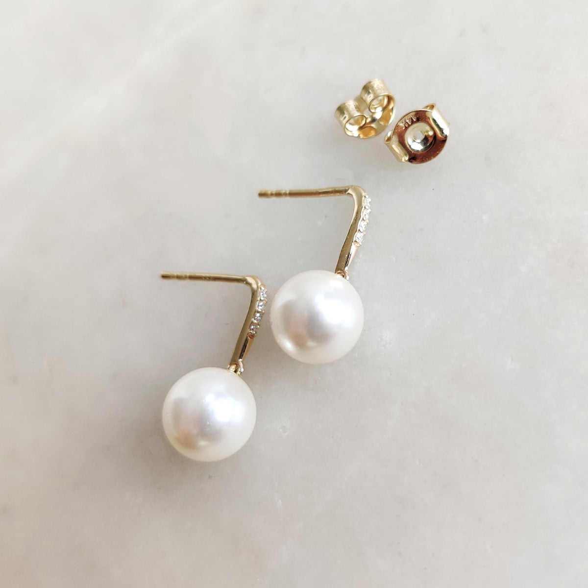 14K Solid Yellow Gold Natural Pearl & Diamond Dangle Earrings, Diamond Accents Jewelry