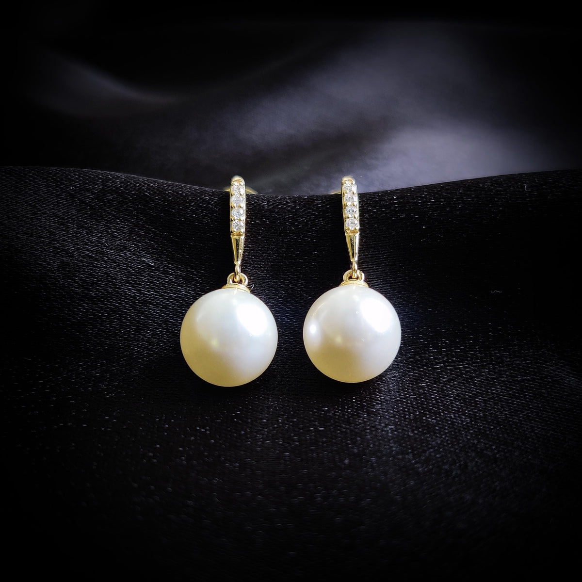 14K Solid Yellow Gold Natural Pearl & Diamond Dangle Earrings, Diamond Accents Jewelry