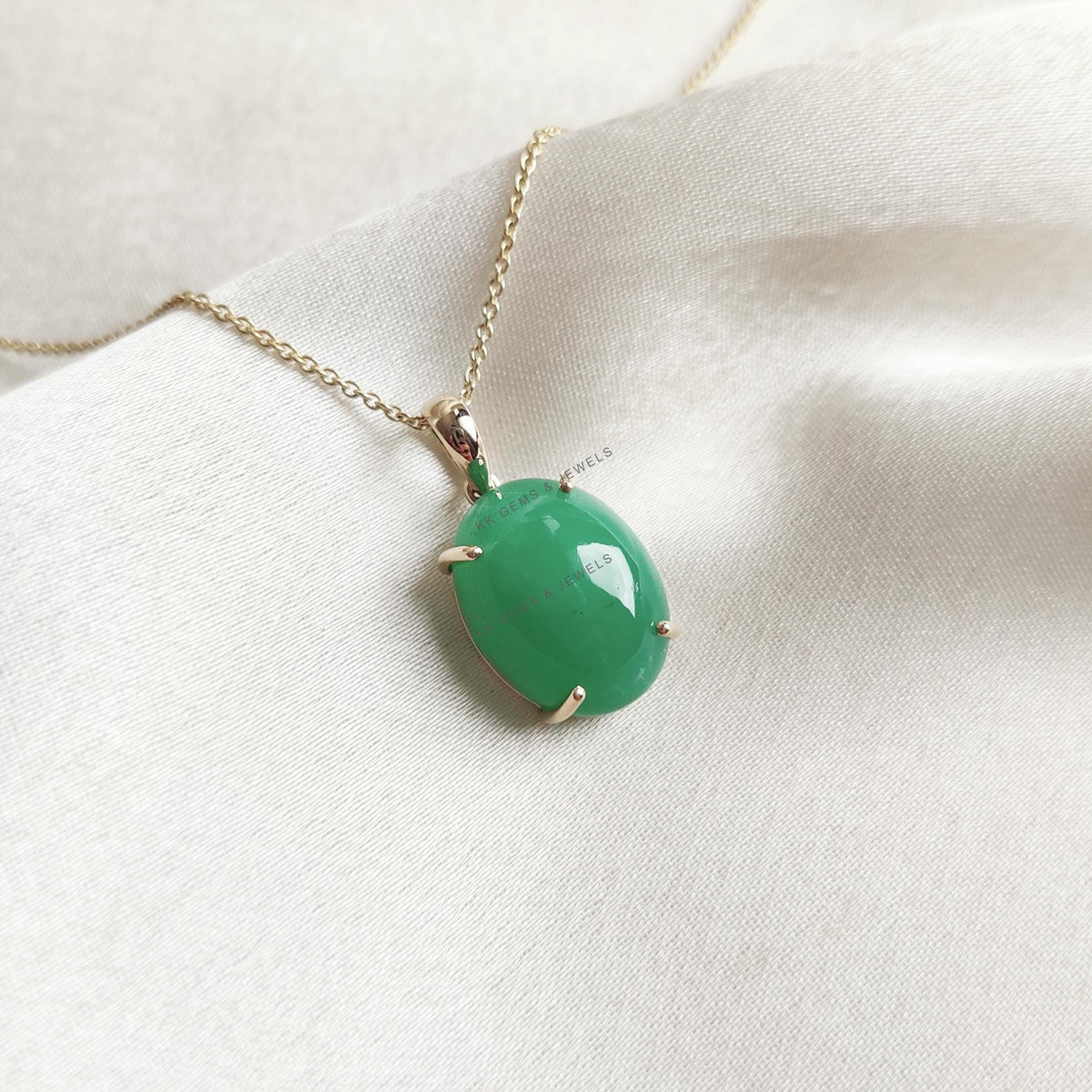 Natural Oval Chrysoprase Pendant, 14K Solid Yellow Gold Prong Setting