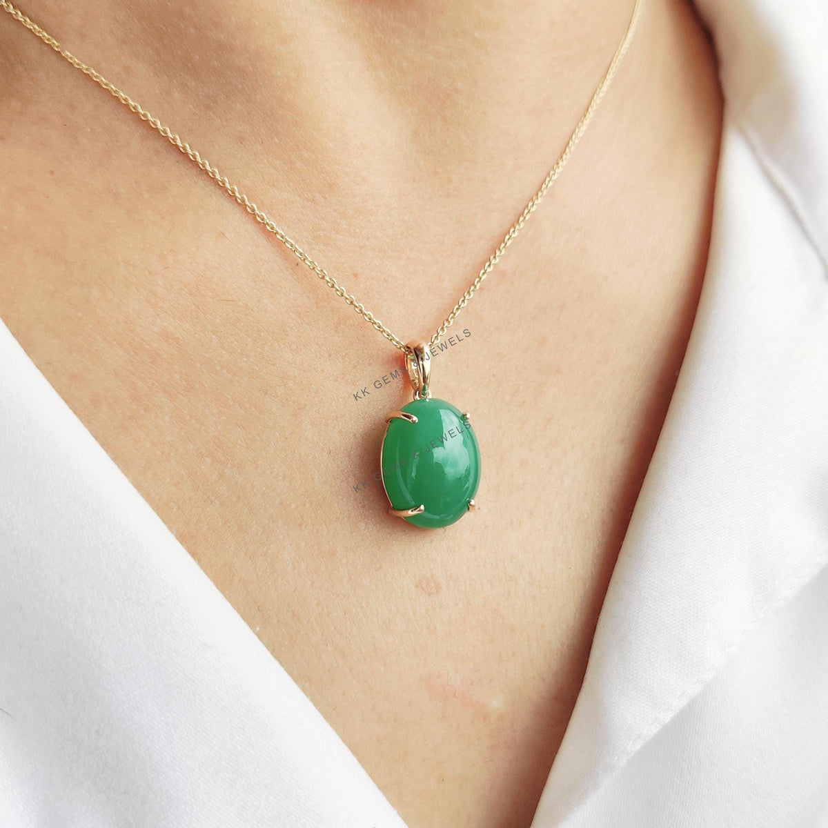 Natural Oval Chrysoprase Pendant, 14K Solid Yellow Gold Prong Setting