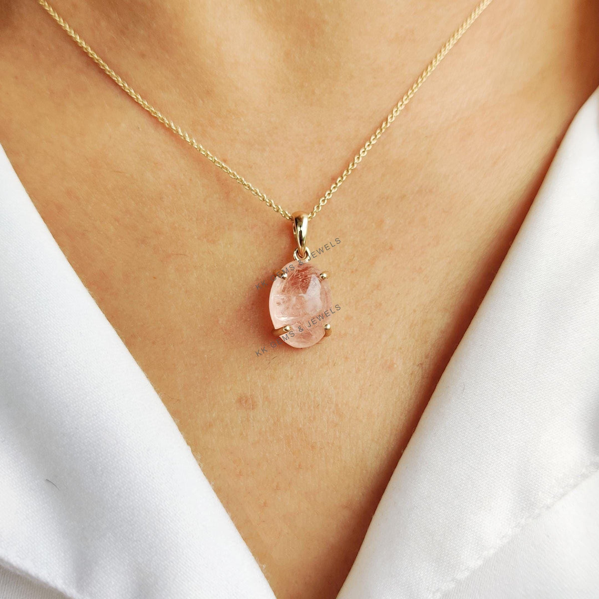 Natural Oval Morganite Pendant, 14K Solid Yellow Gold, Prong Setting