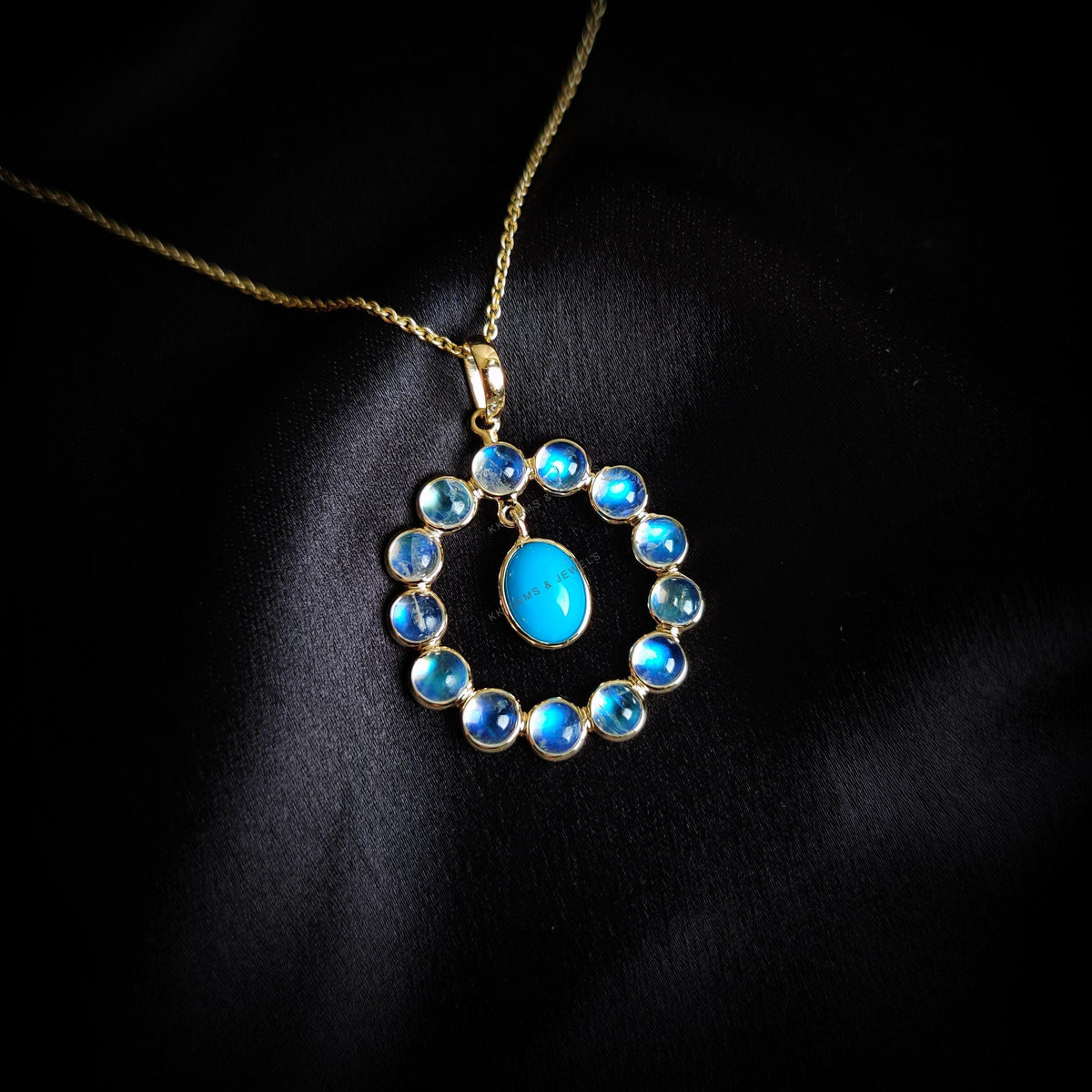 14K Solid Gold Natural Rainbow Moonstone & Turquoise Pendant, June December Birthstone