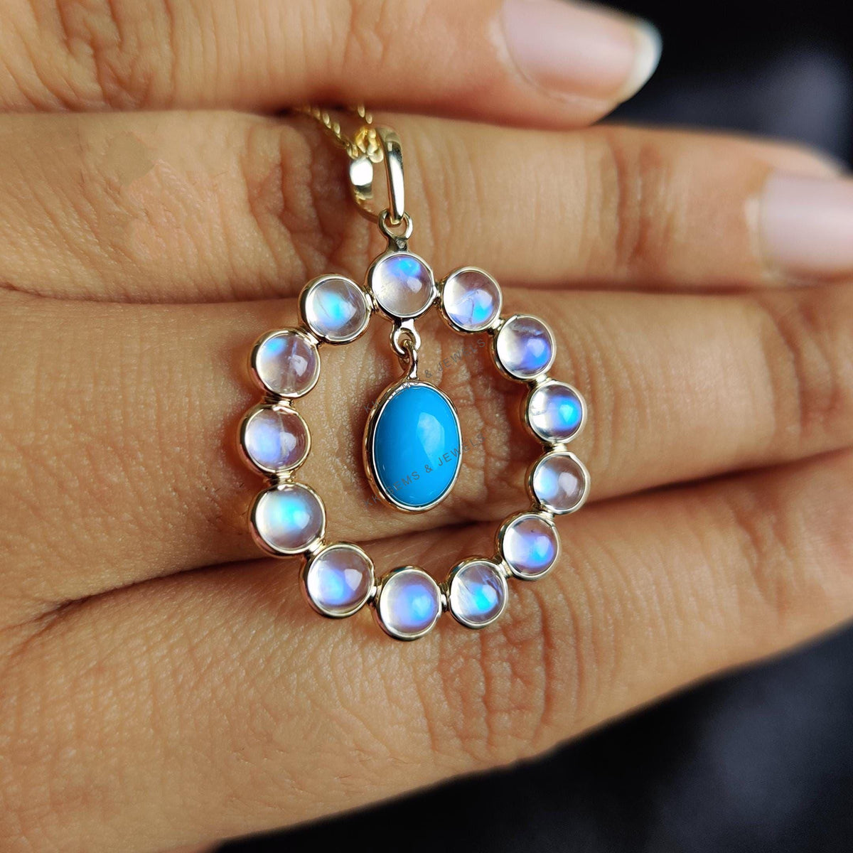 14K Solid Gold Natural Rainbow Moonstone & Turquoise Pendant, June December Birthstone