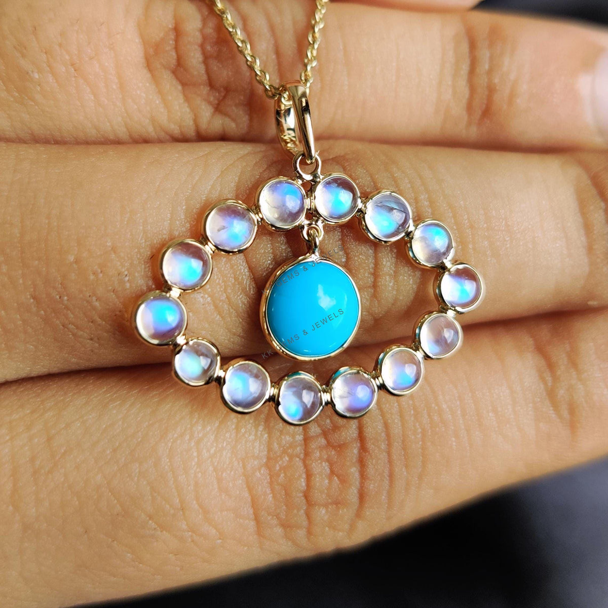 Natural Rainbow Moonstone & Turquoise Pendant, 14K Solid Gold Pendant, June December Birthstone