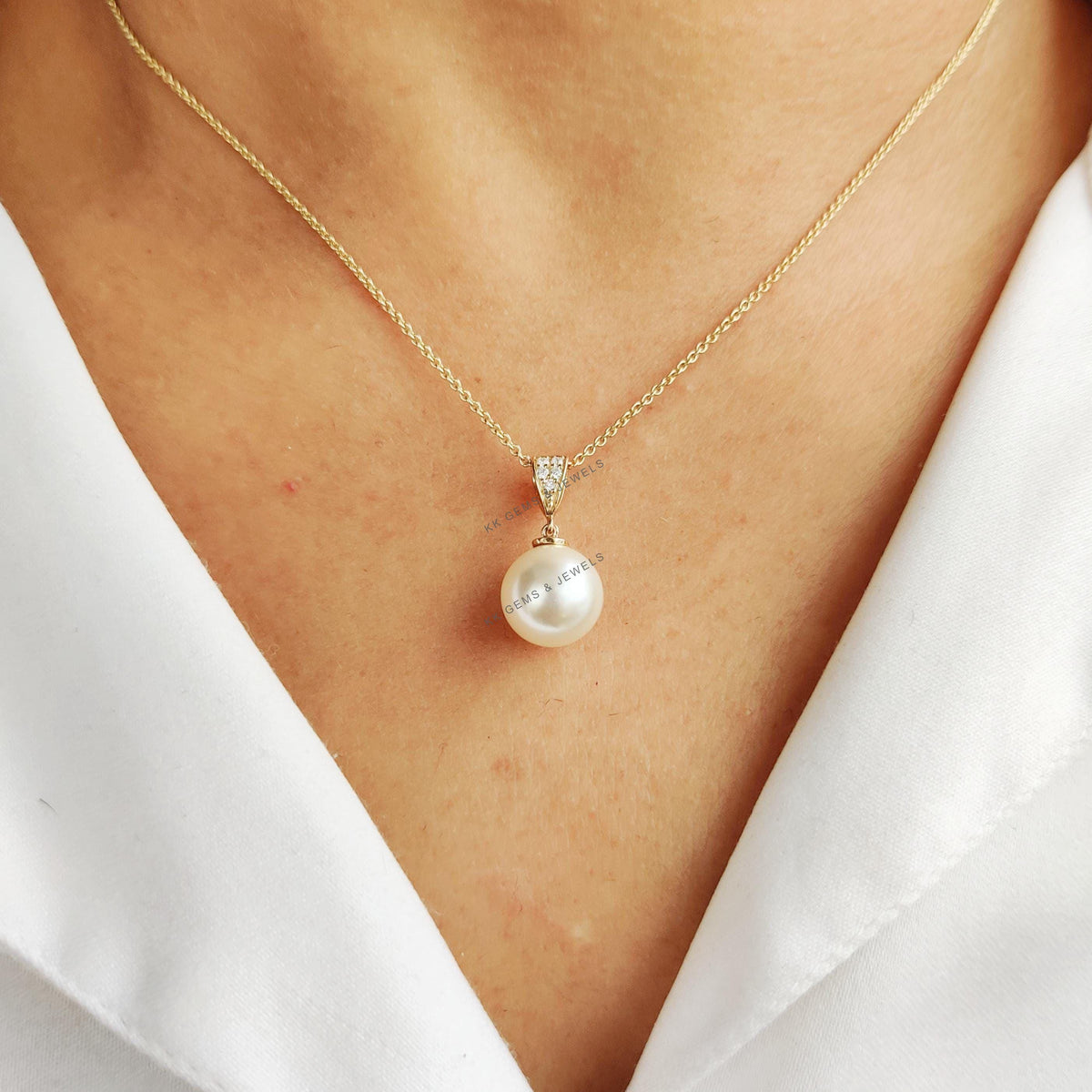 14K Solid Yellow Gold Natural Pearl & Diamond Drop Pendant - June Birthstone