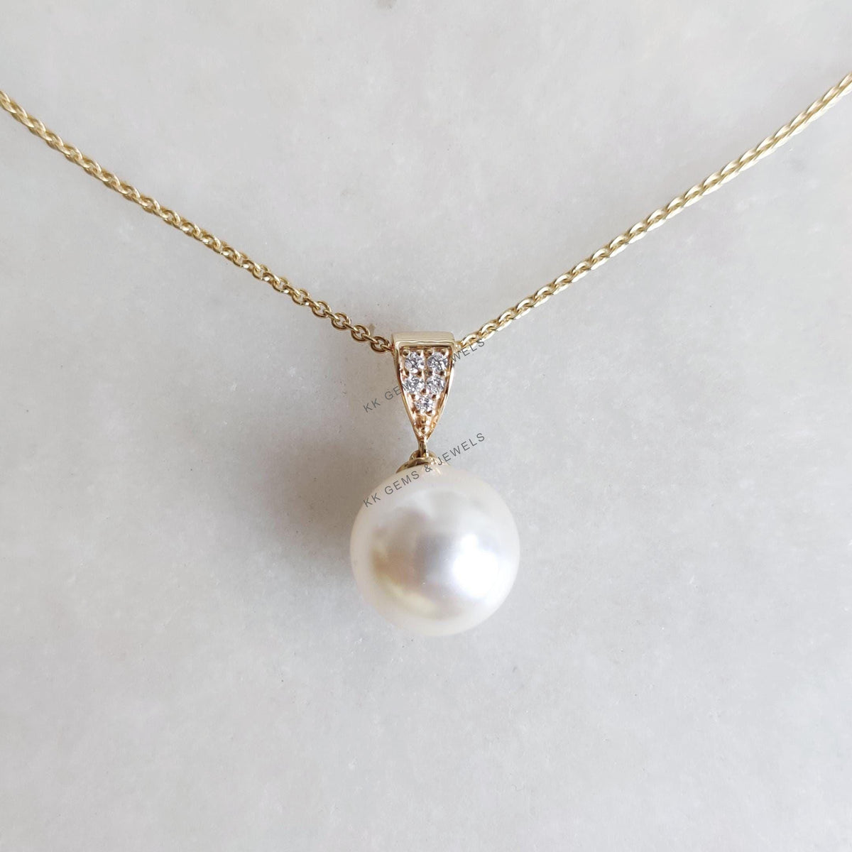 14K Solid Yellow Gold Natural Pearl & Diamond Drop Pendant - June Birthstone