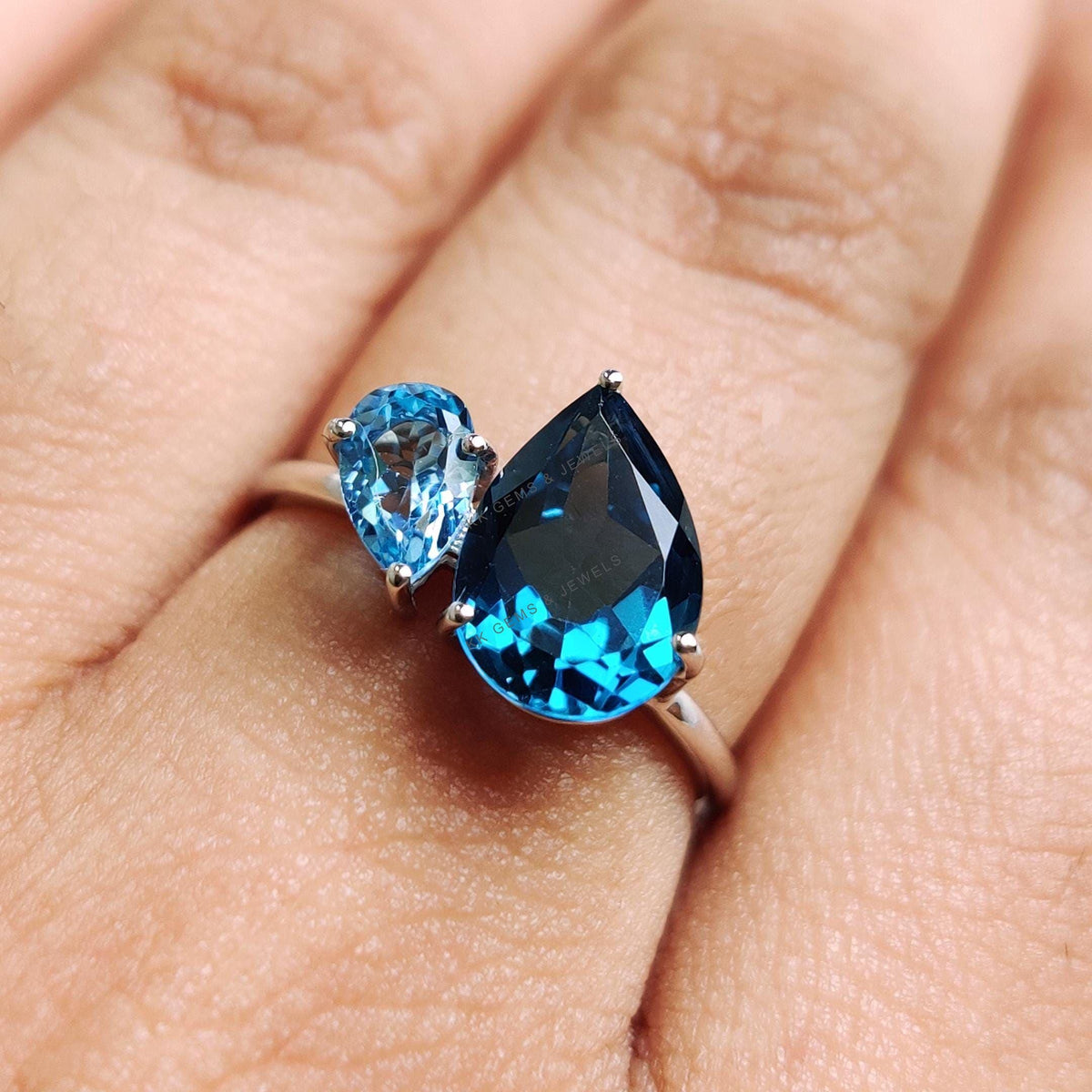 Natural London Blue Topaz & Sky Blue Topaz Ring, Toi et Moi Ring, 14K Solid White Gold, December Birthstone