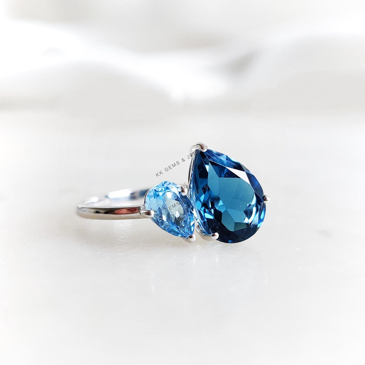 Natural London Blue Topaz & Sky Blue Topaz Ring, Toi et Moi Ring, 14K Solid White Gold, December Birthstone