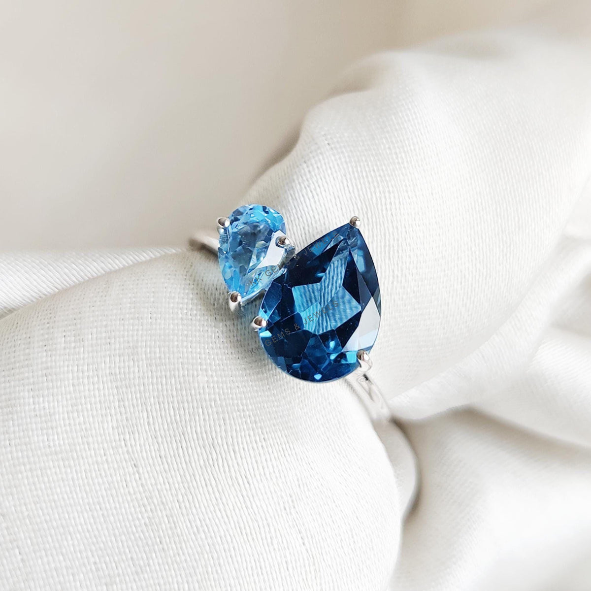 Natural London Blue Topaz & Sky Blue Topaz Ring, Toi et Moi Ring, 14K Solid White Gold, December Birthstone