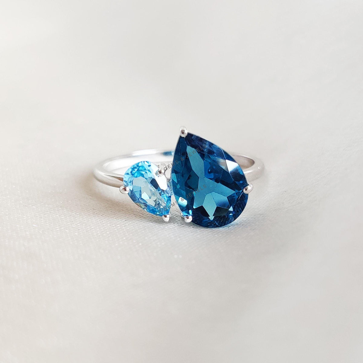 Natural London Blue Topaz & Sky Blue Topaz Ring, Toi et Moi Ring, 14K Solid White Gold, December Birthstone