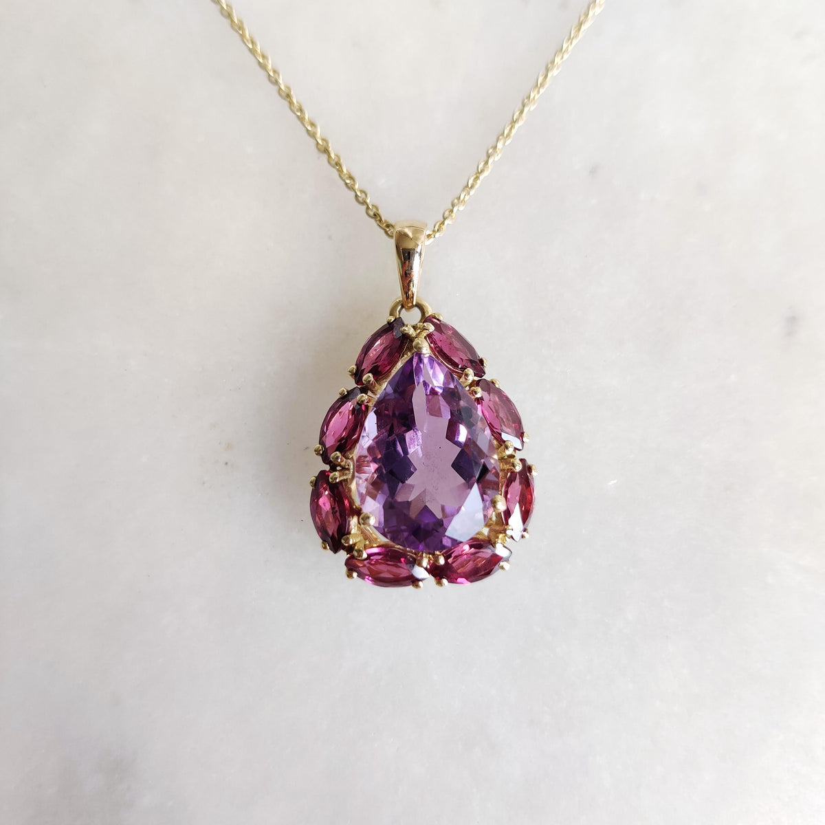 14K Solid Gold Natural Purple Amethyst & Rhodolite Garnet Pendant, February Birthstone
