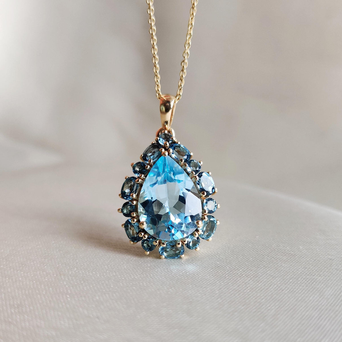 14K Solid Yellow Gold Natural London & Sky Blue Topaz Pendant, December Birthstone