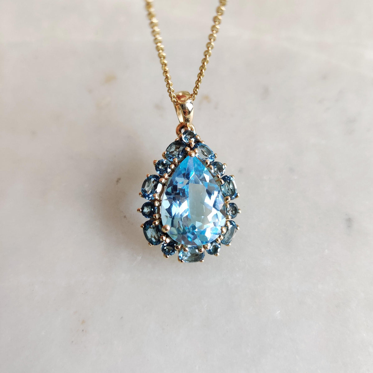 14K Solid Yellow Gold Natural London & Sky Blue Topaz Pendant, December Birthstone