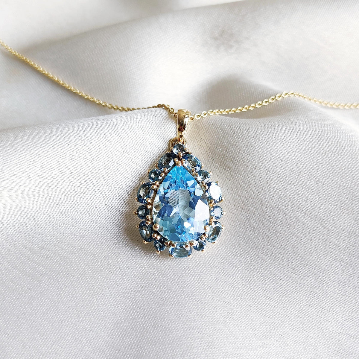 14K Solid Yellow Gold Natural London & Sky Blue Topaz Pendant, December Birthstone