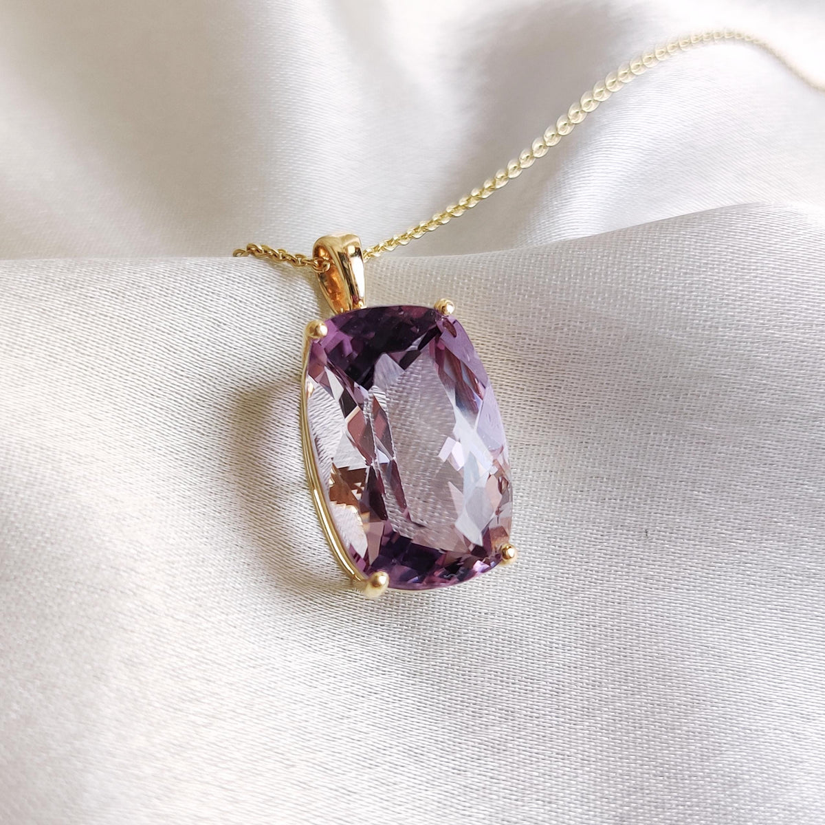 14K Solid Gold Natural Pink Amethyst Prong Pendant, February Birthstone