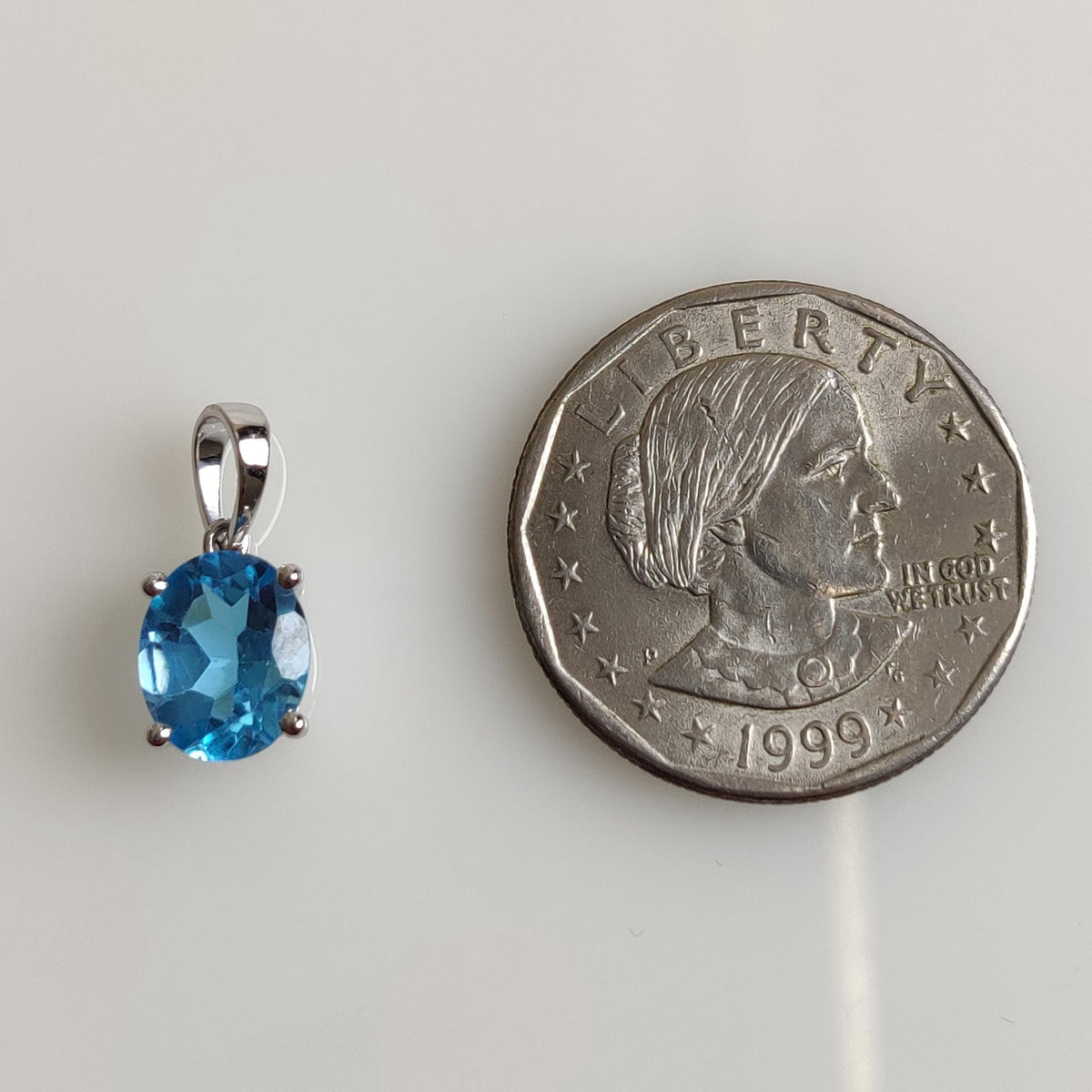 Natural Swiss Blue Topaz Pendant, 14K Solid White Gold, December Birthstone